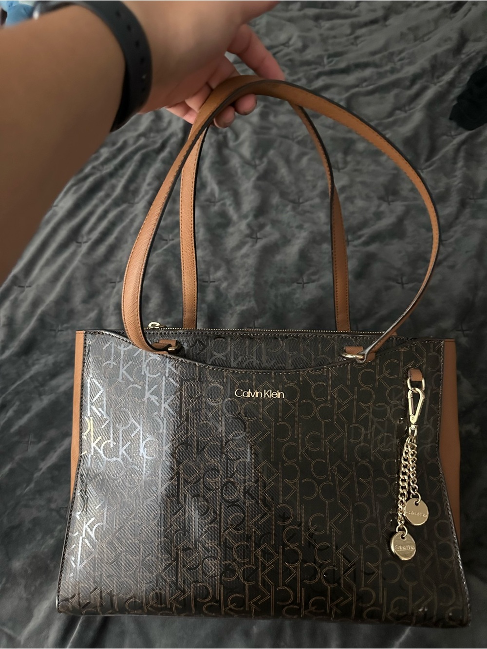 Calvin Klein Brown Logo Shoulder Tote with Tan Trim